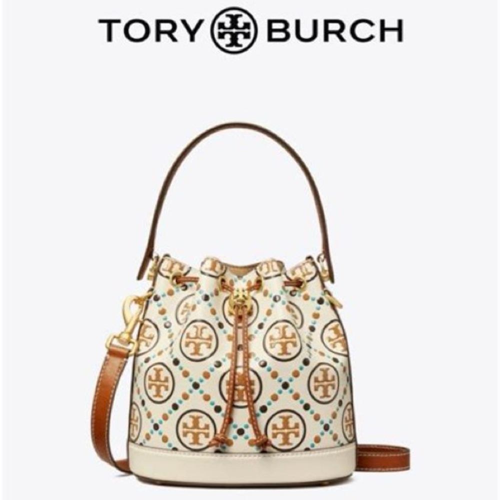 Tory Burch T Monogram Contrast Embossed Bucket Bag-NEW
